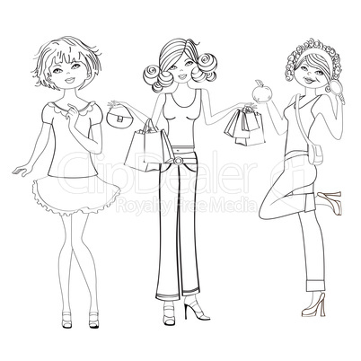 three cute fashion girls, black and white vector illustration is