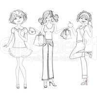 three cute fashion girls, black and white vector illustration is