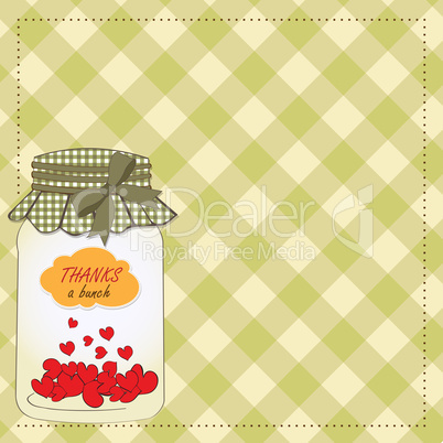 Thank you greeting card with hearts plugged into the jar