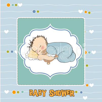 baby shower card with little baby boy sleep with his teddy bear