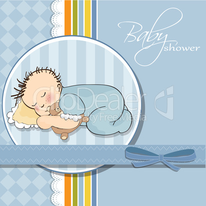 baby shower card with little baby boy sleep with his teddy bear