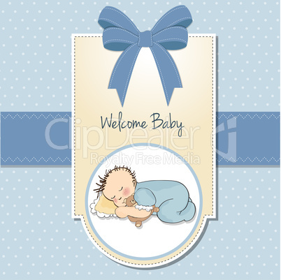 baby shower card with little baby boy sleep with his teddy bear