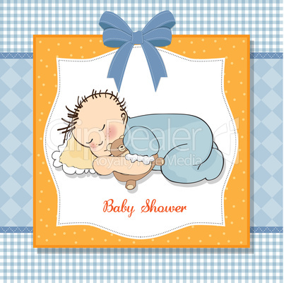 baby shower card with little baby boy sleep with his teddy bear