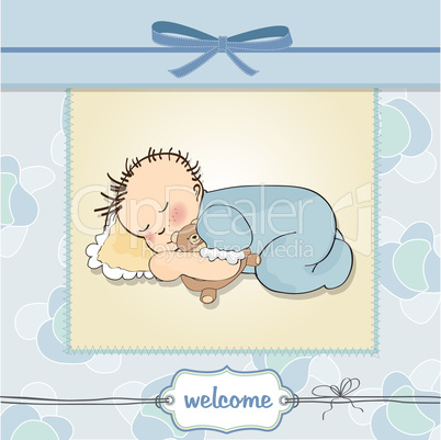 baby shower card with little baby boy sleep with his teddy bear