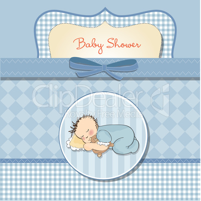 baby shower card with little baby boy sleep with his teddy bear