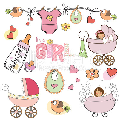 baby girl shower elements set isolated on white background