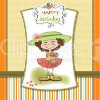 cute birthday greeting card with girl and her teddy bear