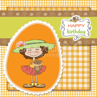 cute birthday greeting card with girl and her teddy bear