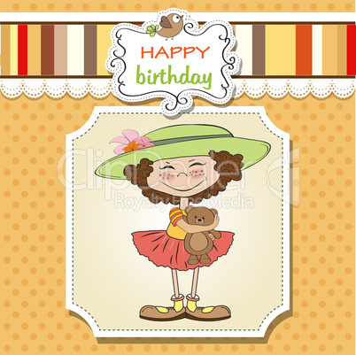 cute birthday greeting card with girl and her teddy bear