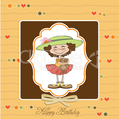 cute birthday greeting card with girl and her teddy bear