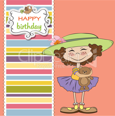 cute birthday greeting card with girl and her teddy bear