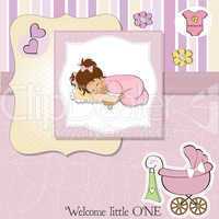 baby shower card with little baby girl play with her teddy bear