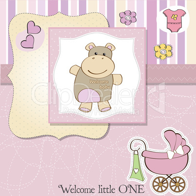 childish baby girl announcement card with hippo toy