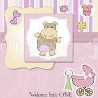 childish baby girl announcement card with hippo toy