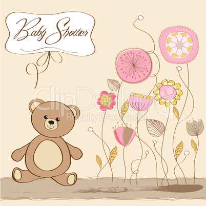 romantic baby girl announcement card with teddy bear