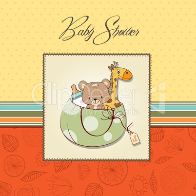 new baby announcement card with bag and same toys