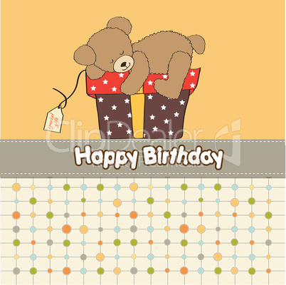 birthday greeting card with teddy bear and big gift box