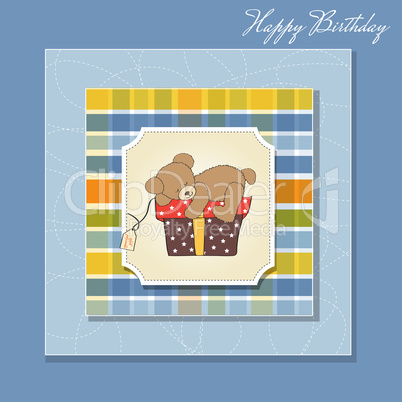 birthday greeting card with teddy bear and big gift box