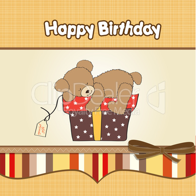 birthday greeting card with teddy bear and big gift box