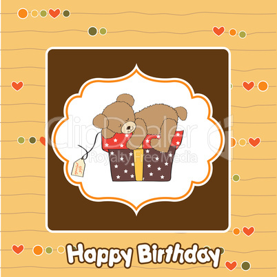 birthday greeting card with teddy bear and big gift box