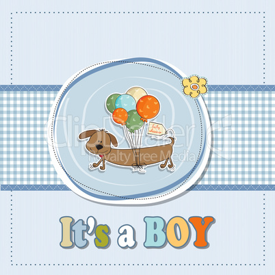 baby boy shower card with long dog and balloons