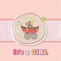baby girl shower card with funny teddy bear in stroller