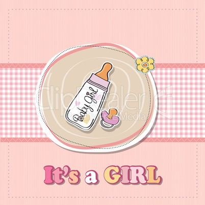 new baby girl announcement card with milk bottle and pacifier