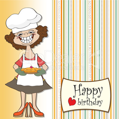 birthday greeting card with funny woman and pie