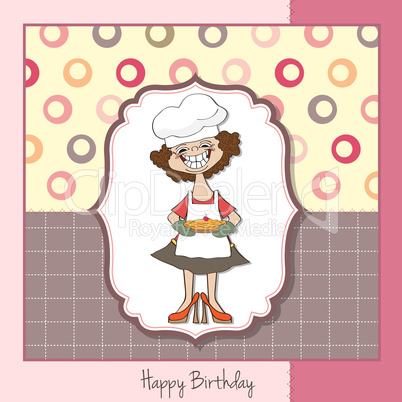 birthday greeting card with funny woman and pie