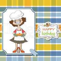 birthday greeting card with funny woman and pie