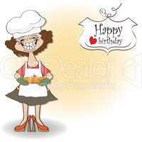 birthday greeting card with funny woman and pie