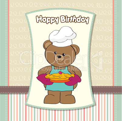 teddy bear with pie. birthday greeting card