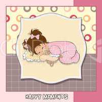 baby shower card with little baby girl play with her teddy bear