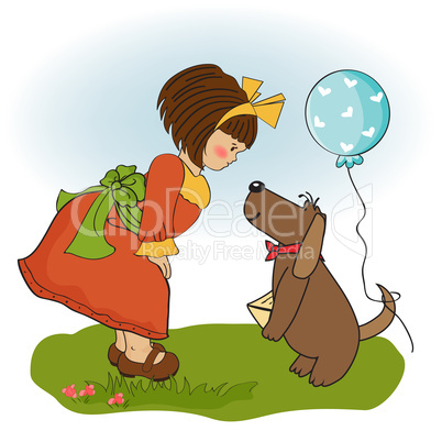 young girl and her dog in a wonderful birthday greeting card