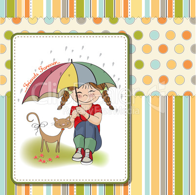 young pretty girl and her cat, friendship card