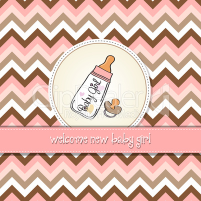 new baby girl announcement card with milk bottle and pacifier