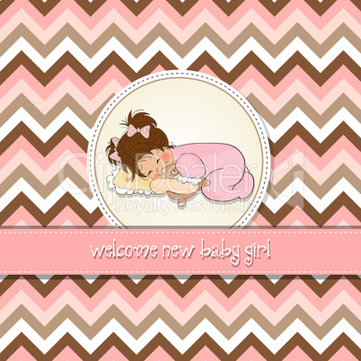 baby shower card with little baby girl play with her teddy bear