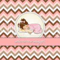 baby shower card with little baby girl play with her teddy bear