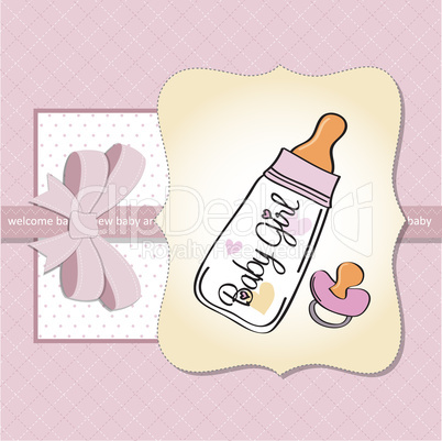 new baby girl announcement card with milk bottle and pacifier
