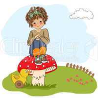 pretty young girl sitting on a mushroom