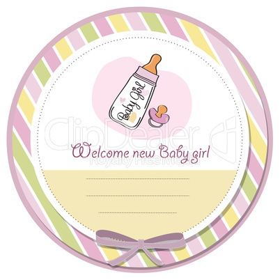 new baby girl announcement card with milk bottle and pacifier