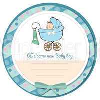 baby boy announcement card with baby and pram