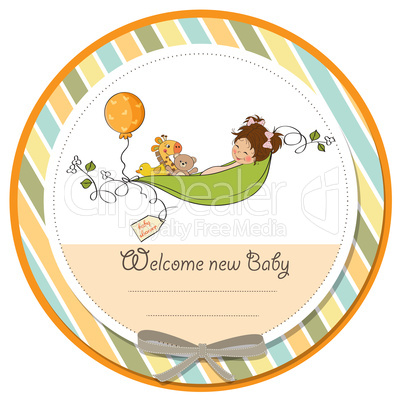 little girl siting in a pea been. baby announcement card