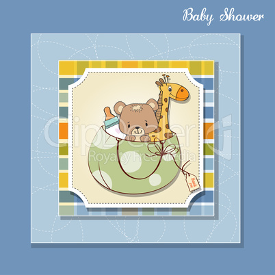 new baby announcement card with bag and same toys