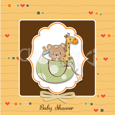 new baby announcement card with bag and same toys