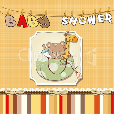 new baby announcement card with bag and same toys