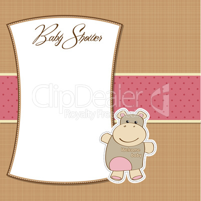 childish baby girl announcement card with hippo toy