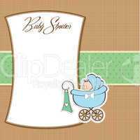 baby boy announcement card with baby and pram