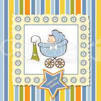 baby boy announcement card with baby and pram