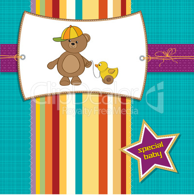 welcome baby card with boy teddy bear and his duck